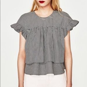 ZARA Gingham Babydoll Ruffle Blouse, XS